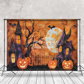 Aperturee - Aperturee Abstract Orange Pumpkins Castle Halloween Backdrop